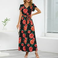 AMLBB ženska cvjetna ljetna haljina kratki rukav V-izrez, ruffle hem a-line boemijske maxi haljine na