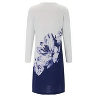 Fall Maxi haljine za žene plus veličine Casual okrugli izrez Slub Pamuk dugih rukava cvjetna haljina za tisak plava L