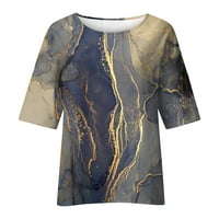 HHEI_K Žene Ljeto pamučno posteljina majica tiskanje labavo fit bluza rukav vintage crewneck plus veličina