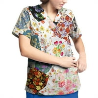 Ženski cvjetni ispis kratkih rukava V-izrez V-izrez Radna uniforma Džepna bluza
