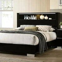 Queen size krevet W polica LED HB Crni sjaj Lakica s masivnim drvenim krevetom nameštaj za spavaće sobe