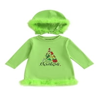 TODDLER Baby Girls Božićne majice Haljina Green Monster dugih rukava s plišanom krovom sa hat-om Xmas Odmor odijelo
