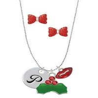 Delight nakit Silvertone veliko pismo pismo - P - 3 4 '' disk - Božićni poljubac šarm ogrlica i naušnice
