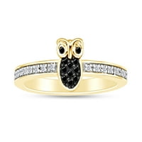 Carat CTTW okrugli rez crno-bijeli prirodni dijamantni prsten za sovu u 14K žutom zlatu preko srebra