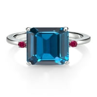 Gem Stone King 7. CT Emerald Cut London Blue Topaz Red Otvoreno Ruby Sterling Srebrni prsten