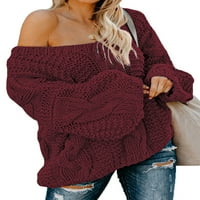 Asyoly Women Redbed kabeli pleteni džemper s dugim rukavima Čvrsta boja od ramena Seksi duboki V izrez