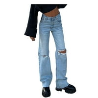 Ženski gumb High Squik džep elastične rupe Traperice Hlače Labavi traper hlače Ženske pantalone Jeance