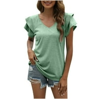 CETHRIO prevelike majice za žene - V- izrez Solid Boja kratkih rukava rever bluza vrhova vojska zelena