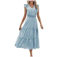 Haljine za žene ženke V-izrez bez rukava bez rukava duga ležerna labava maxi chemise svijetlo plavi