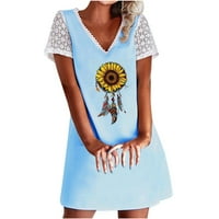 Cotonie ženska čipka kratkih rukava Sunflower Ispis V-izrez haljina casual ravna haljina