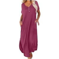 Maxi haljine kratkih rukava za ženske gumb Solid Color V izrez Swing Beach Sundress casual ljetne vrećice