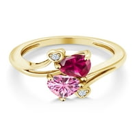 Gem kameni kralj 18K žuti pozlaćeni srebrni dvostruki srčani prsten za žene stvorene rubin i ružičasti