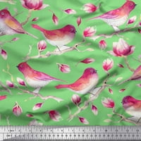 Granična grana tkanine Soimoi Zelena poliestera, ružičasta cvjetna i američka robinska ptica od tiskanog