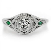 CT Stone Stari rudnički rez dijamant i ovalni zeleni smaragdi prsten, veličina 6.5