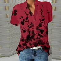 Ženski kratki rukav cvjetni V izrez Ležerne prilike za bluze TUNIC Labavi košulju s Henleyjicom, Crveni