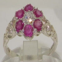 Sterling srebrni kubični cirkonijski i prirodni rubin ženski klaster prsten - veličine 7.75