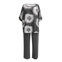 Podudarni setovi za žene Ljetni tisak set kratkih rukava okrugli vrat + dvostruke džepne hlače postavljene tamno sive veličine S