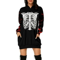 Ženska dukserica dame casual prevelizirana haljina s dugim duljinom, jesen s džepovima skelet s kosturu