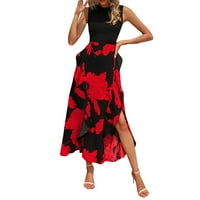 Ljetne haljine za žene Dužina gležnja rukava ruka bez rukava A-line ispisana haljina za posadu crvena