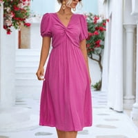 Cleance Summer Haljine za žene Solid srednje dužine A-line kratkih rukava Boemska dnevna V-izrez haljina