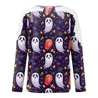 Bazyrey Halloween Ležerne majice za žene Modni Halloween Tisak i spajanje čipka u šupljim okruglim vratom