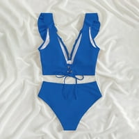 Tking Fashion Womens Dva bikinija kupaće kupaće komičene čvrstog ruffle kravata kupaćih odijela plava