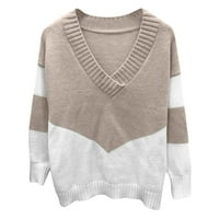 Štednja modni pleteni džemper za žene Classic Comfy dukljanska bluza s dugim rukavima Klasična prugasta boja za patchwork vrhova trendy odjeća za žene V-izrez pulover bež xl