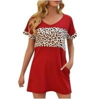 Ženska majica haljina modni leopard patchwork crewneck kratki rukavi labavi džep mini haljina ljetna