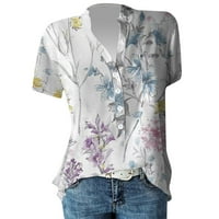 Bluze s kratkim rukavima Slobodno vrijeme Cvjetni vrhovi V-izrez Ljeto za žene svijetlo ljubičasta s
