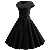 Ženska vintage kratki rukav čvrsta boja Boja luk slim tanka vintage haljina, crna, xl