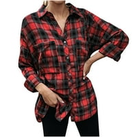 Ženska jeseni zimski ležerni vrhovi dugih rukava majica s dugim rukavima, dugim bluzama plairana boja odgovarajući džepni gumb kaput crveni s
