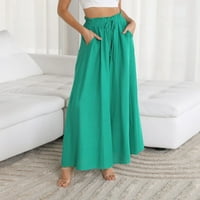 Ženske modne ljetne pantalone labave fit solidne boje elastične struke navlaka širine nogu casual bagegy comfy hlače sa džepovima zelena l