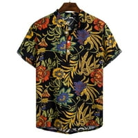 Hanas Fashion Muški vrhovi Muški etnički kratki rukav Ležerni pamučni posteljina tiskara havajska bluza