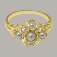 British napravio 10k žuto zlatni kultivirani Pearl & Diamond Womens Obećani prsten - Opcije veličine - Veličina 6