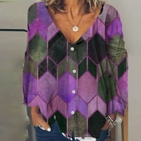 Majice za dugulju s dugim rukavima za žene Linnen Ispis V-izrez Dugme košulja i vrhovi Purple XXL