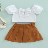 Mialeoley Kid Girl Culottes Outfits, kratki rukav na listu od punog boja + na vrhu luka-čvorove suknje