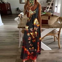 Wycnly Maxi Haljine za žene bez rukava V-izrez Leptir Print Ljeto Duga haljina plaža HEM Tunic Spaghetti