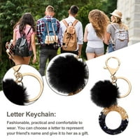 Crna smola Pismo A-Z Keychain abeceda Charm Prsten za ključeve sa pompomom krznenom loptom za žene Djevojke