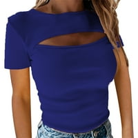 HHEI_K Ženska modna casual kratkih rukava izdubljena čvrsta boja Slim Fit vrhovi prevelike majice za
