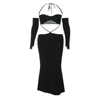 Eyicmarn ženska jesenska dugačka mršava haljina crna viseća vrata šuplja haljina s rukavima