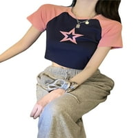 Ženske modne usjevne vrhove zvijezde uzorak kontrastne boje rhinestone okrugli vrat kratkih rukava majica