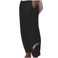 Jalioing pamučni posteljina visoki elastični rastegnuti struk za struk za žene ravna noga džep stilski ispisano gaćica