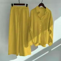 Wozhidaoke Ženske hlače Žene Retro Plus Size Pamuk i košulja High Squik Slacks odijelo Top hlače Dugih rukava Žuta 5xl