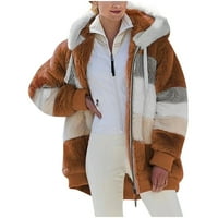 Ženska zimska jaknu od runa s kapuljačom blok blok patchwork kaputi dugi rukav topli kardigan plus veličine