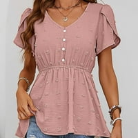 GUZOM T majice za žene - ruffles trendi vrhovi V izrez čvrsti kratki rukav Slim Tee majice Pink XL