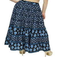 Bimba Ženski blok Print Pamučna suknja Elastična struka mornarice Plave ljetne suknje-s