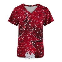 Azrijski ženski božićni vrhovi, ženski modni kratki rukav V-izrez V-izrez radni uniformni božićni tisak sa džepnim bluzama vrhova u prodaji Plus Veličina čišćenja
