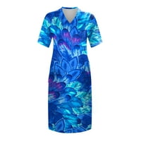 Cleance Summer Haljine za žene V-izrez Dužina koljena Ležerne prilike Cvjetni kratki rukav Dress Plave