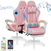 Hoffree Pink Gaming stolica sa Bluetooth zvučnicima i zabranom zabrane za masažu za noge sa LED svjetlima