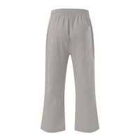 Ženske ležerne čvrste elastične hlače Ravne široke noge obrezane pantalone za crtanje pamučne lanene kapris sa džepovima siva 5xl